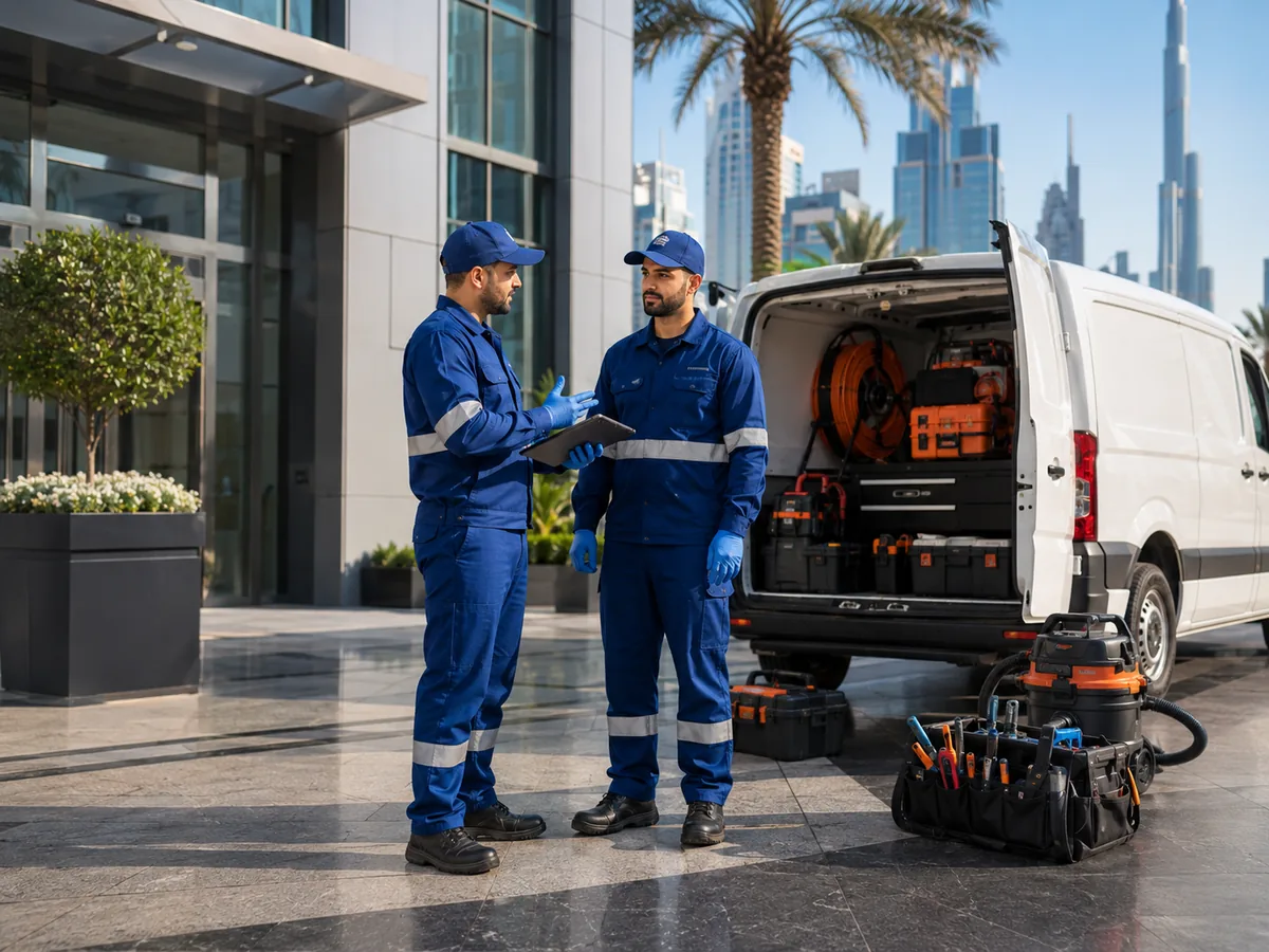 BMS technicians coordinating a Dubai maintenance service request near a service van