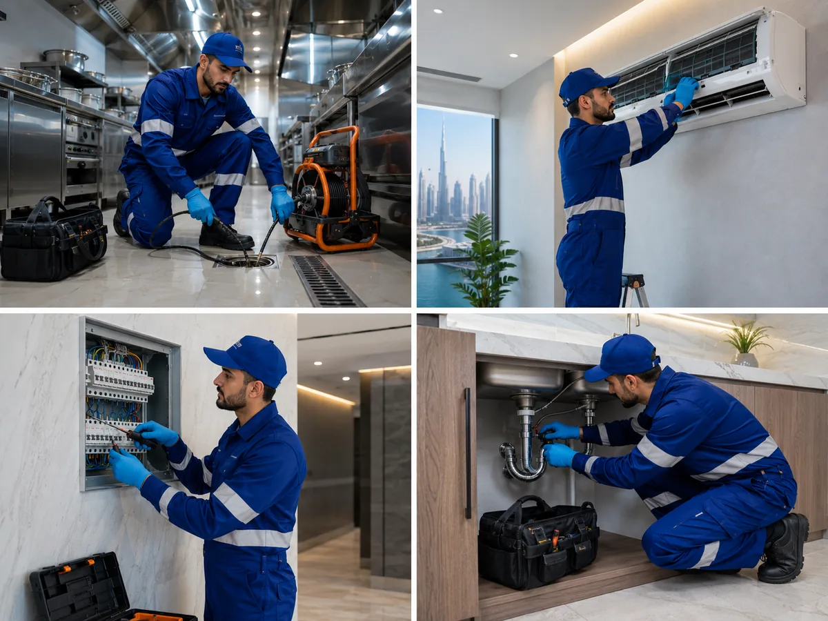 BMS service collage showing drain cleaning, AC maintenance, electrical service and plumbing support