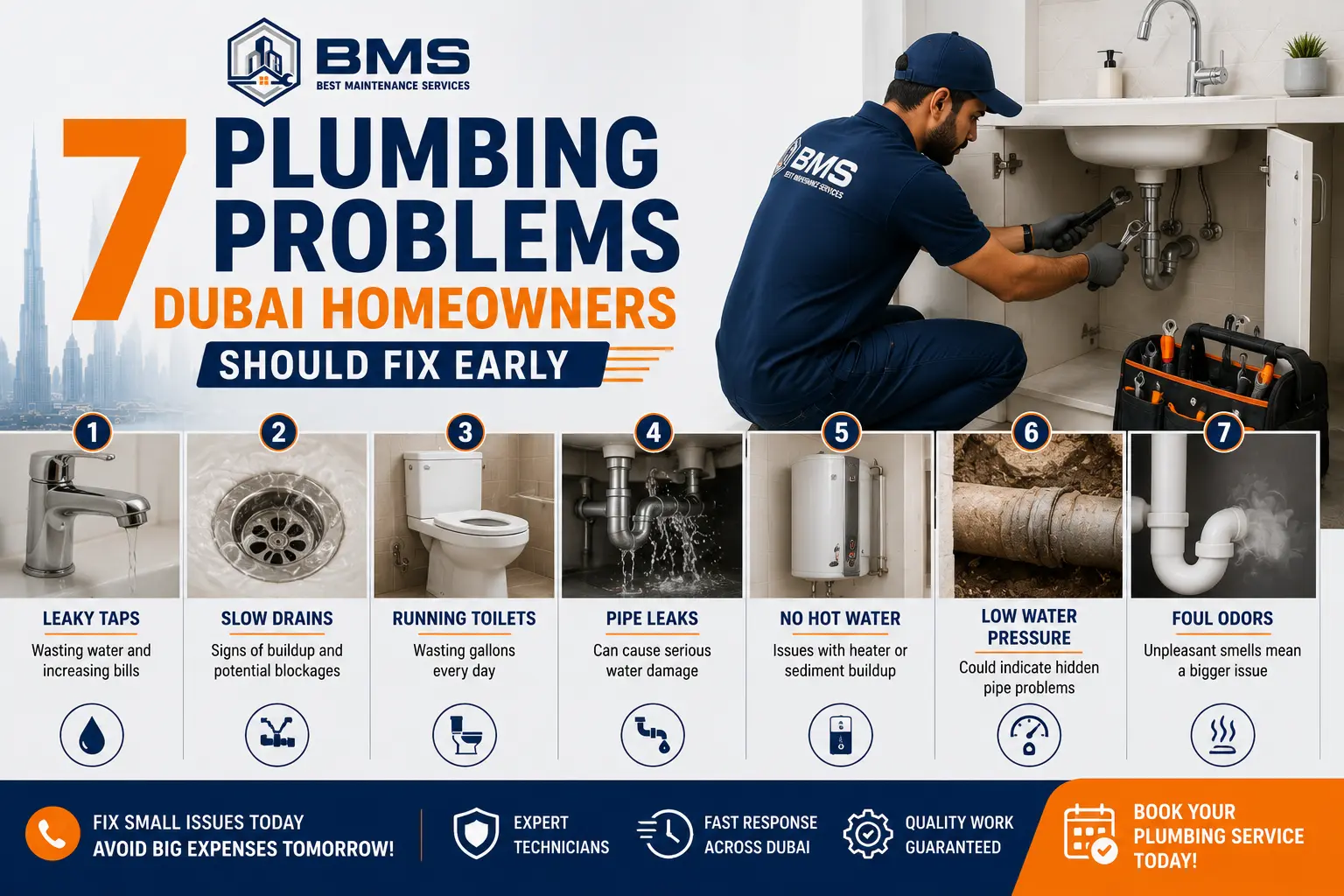7 Plumbing Problems Dubai Homeowners Should Fix Early Professional plumbing technician repairing a sink in Dubai, highlighting seven common plumbing problems homeowners should fix early, including leaks, slow drains, running toilets, low water pressure, and foul odors.