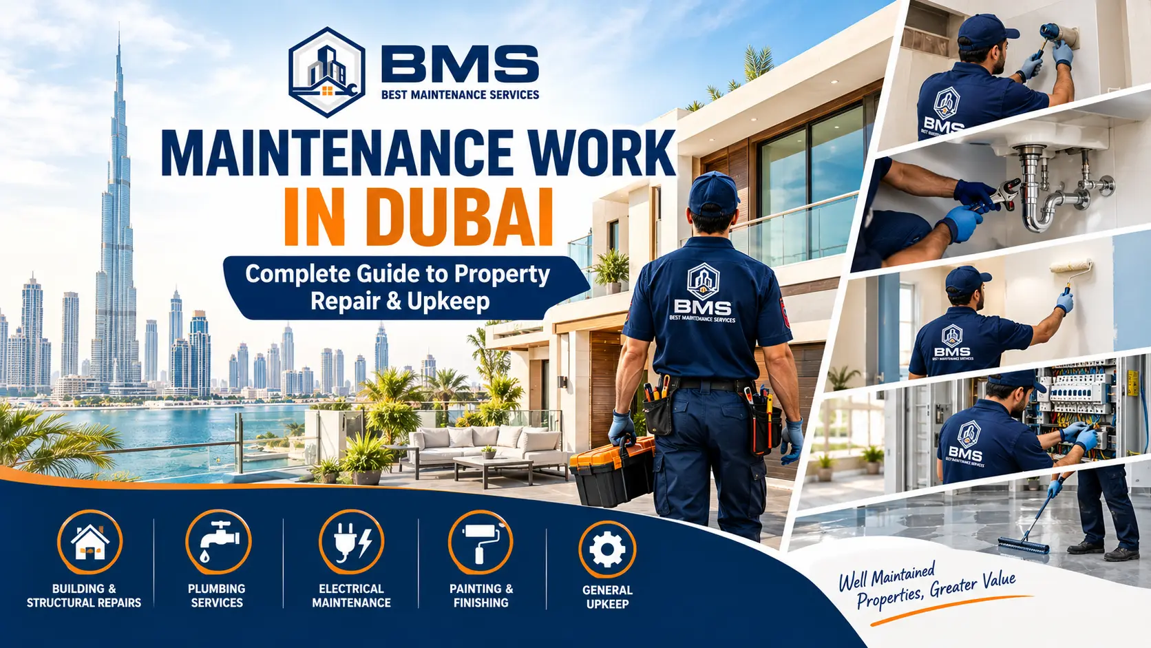 Professional maintenance work in Dubai showing a BMS technician handling property repairs, plumbing, electrical, painting, and general upkeep.