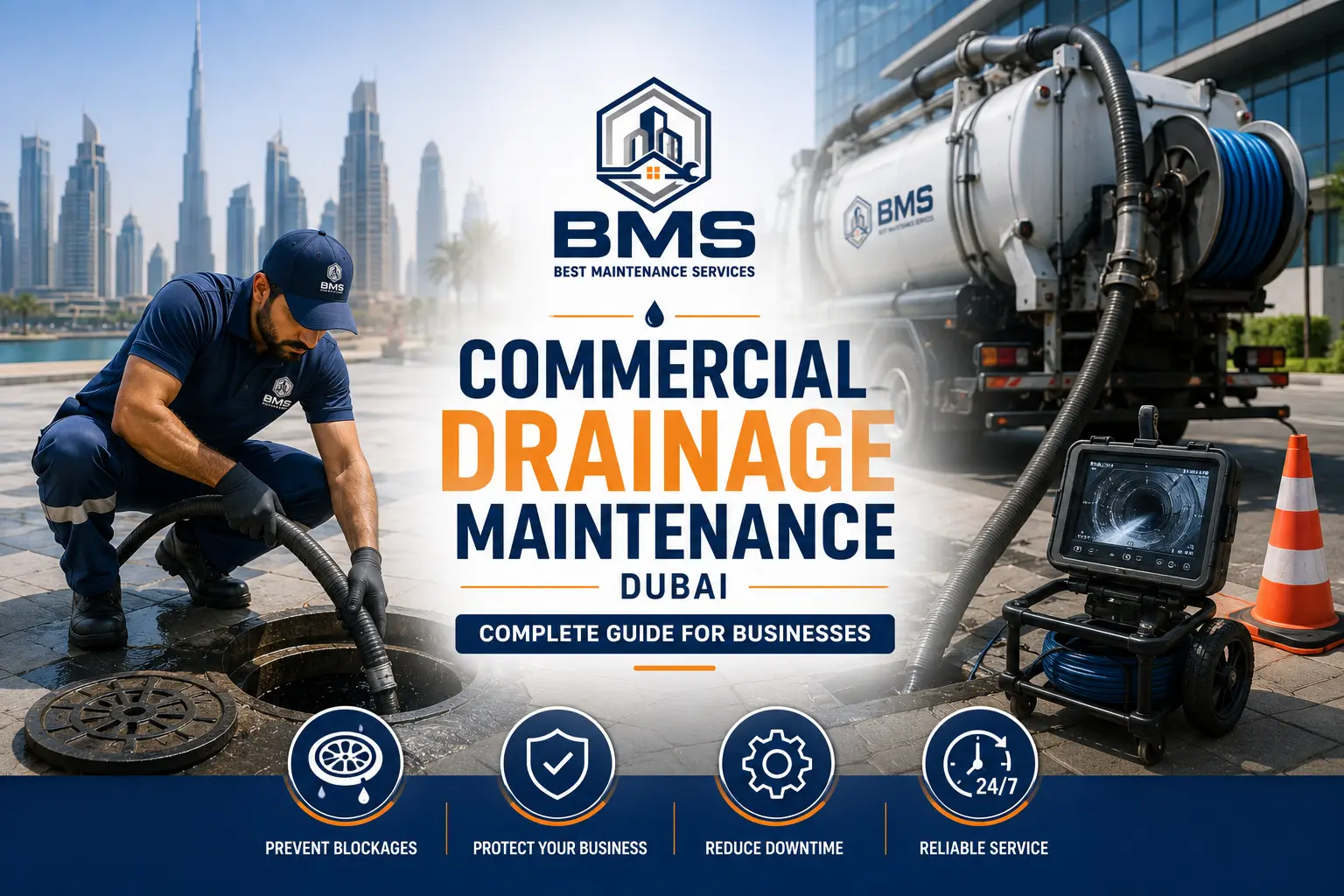 Commercial Drainage Maintenance Dubai: Complete Guide for Businesses Professional commercial drainage maintenance technician using specialized drain cleaning equipment beside a BMS service truck in Dubai, with a modern Dubai skyline in the background.