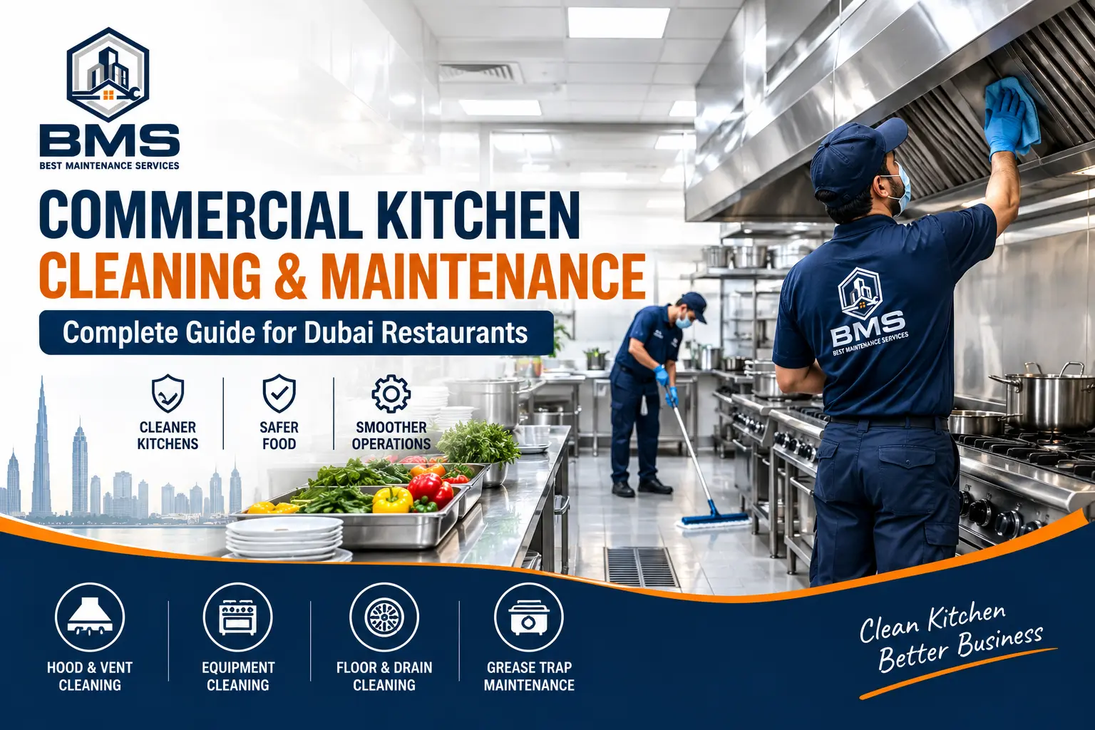 Professional commercial kitchen cleaning and maintenance services in Dubai, showing technicians cleaning kitchen equipment and ventilation systems.