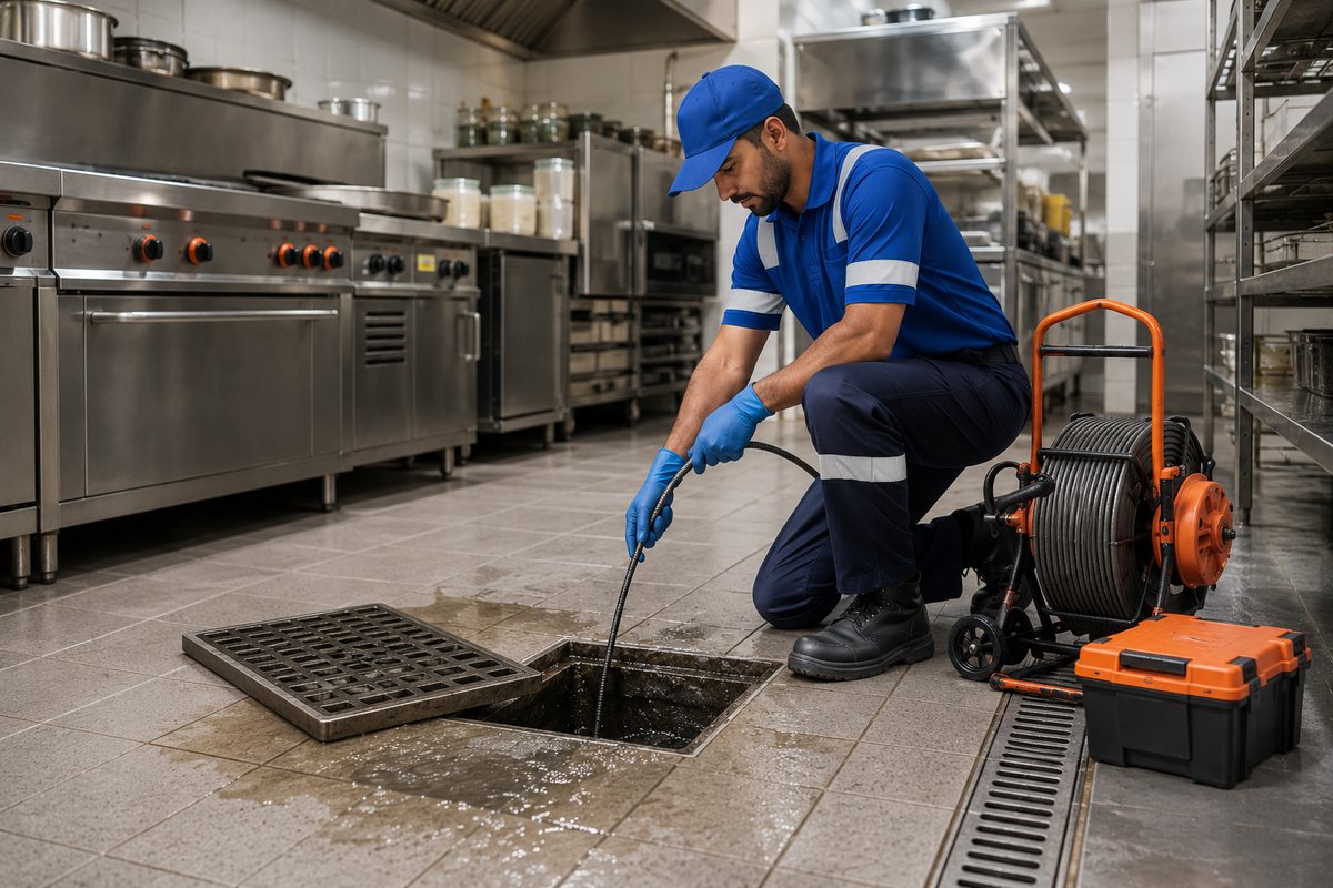 Emergency commercial kitchen drain cleaning by BMS technician in Dubai
