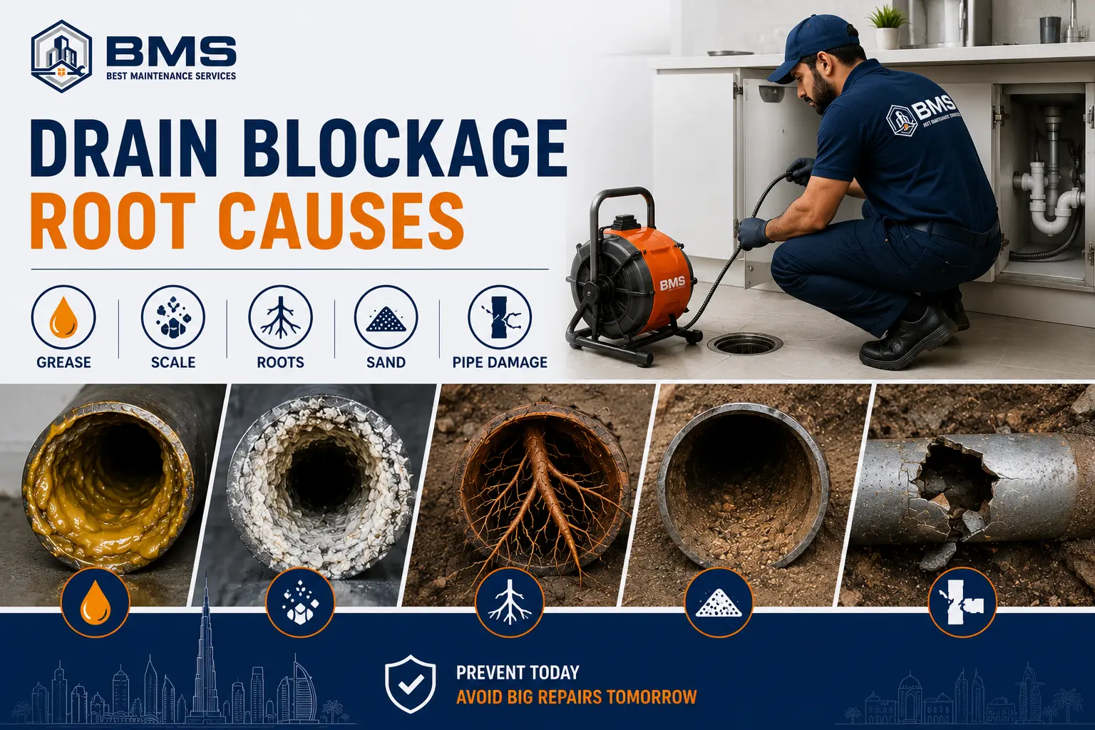 Drain Blockage Root Causes: Grease, Scale, Roots, Sand & Pipe Damage Professional drain cleaning technician in Dubai inspecting a blocked drain caused by grease buildup, scale deposits, tree roots, sand, silt, and damaged pipes.