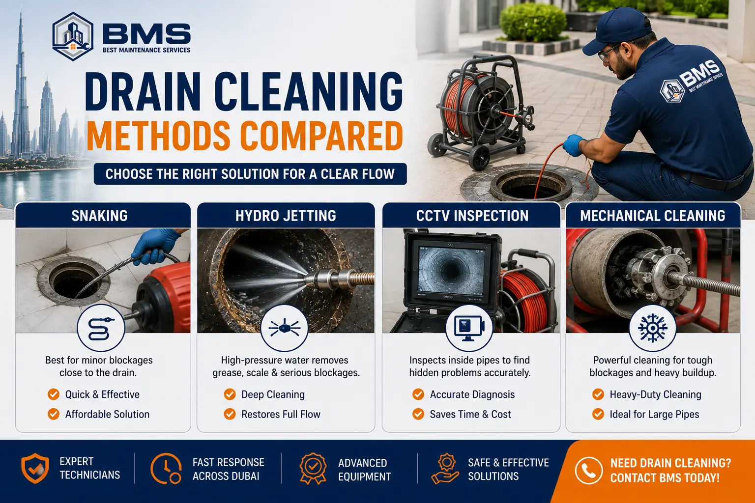 Drain Cleaning Methods Compared: Snaking, Hydro Jetting, CCTV & Mechanical Cleaning Drain cleaning methods compared in Dubai, showing professional snaking, hydro jetting, CCTV drain inspection, and mechanical cleaning equipment.