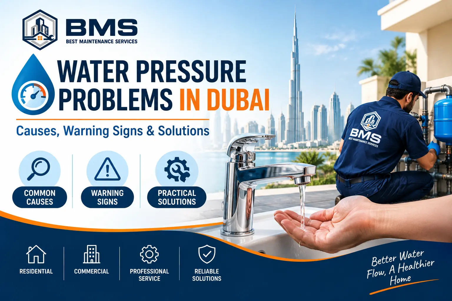 Professional water pressure problem diagnosis and plumbing service in Dubai, featuring a technician inspecting a residential water system.