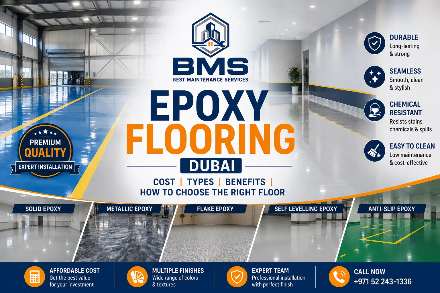 Professional epoxy flooring installation in Dubai showcasing durable, seamless, chemical-resistant epoxy floors for warehouses, garages, commercial spaces, and industrial properties.