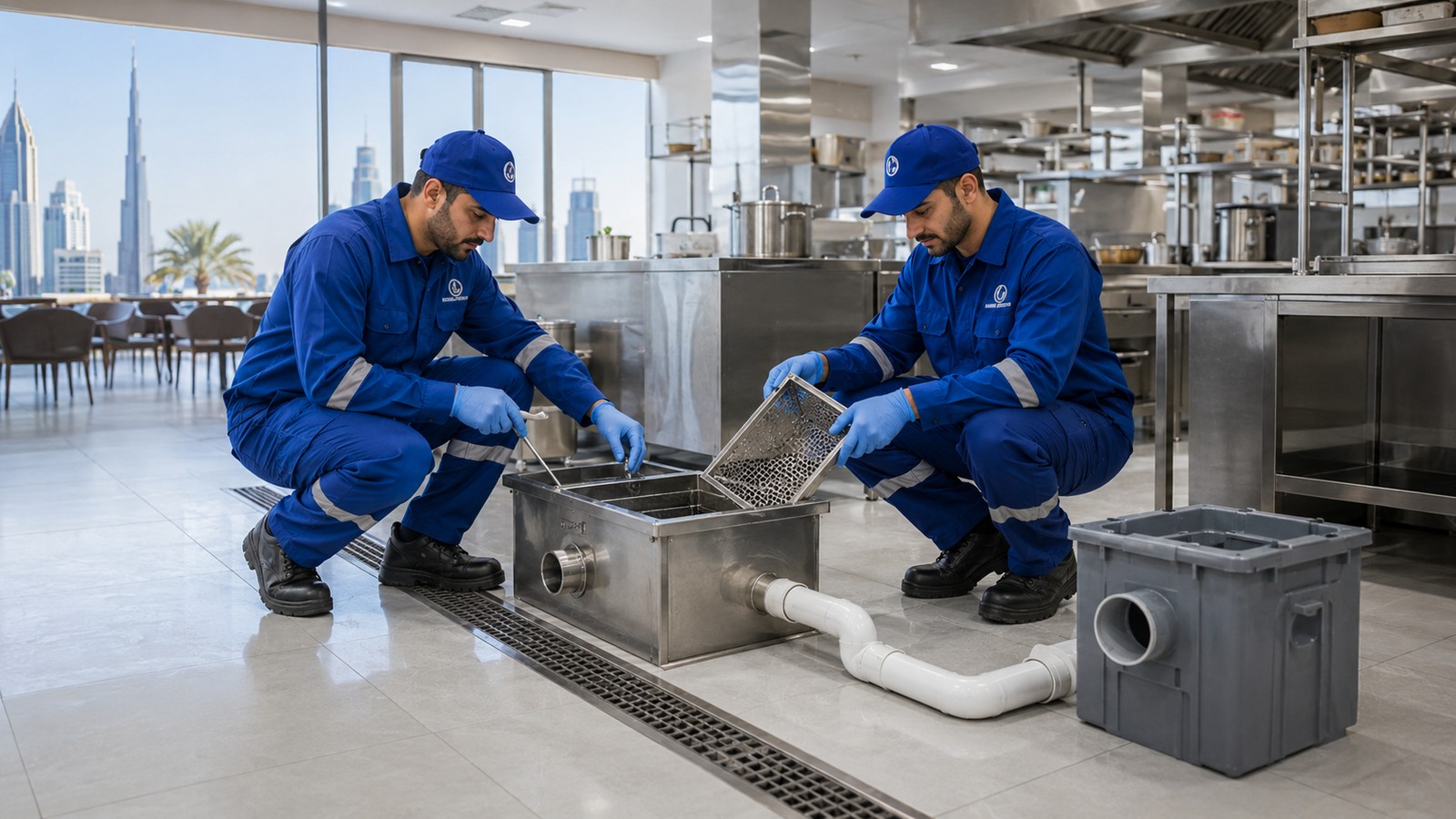 BMS technician inspecting grease trap cleaning signs in a Dubai commercial kitchen