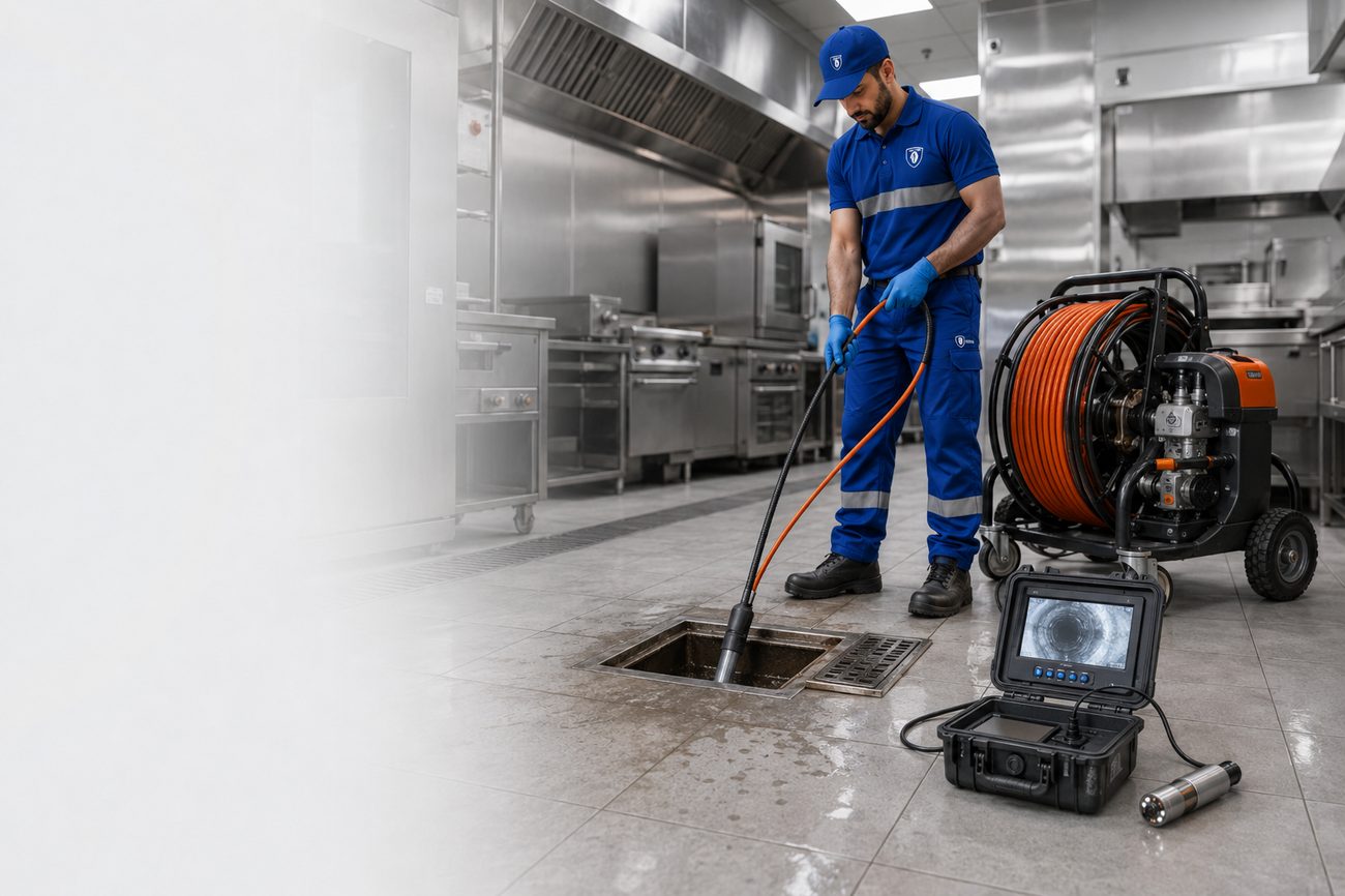 Hydro jetting and CCTV drain inspection for commercial kitchen drains in Dubai