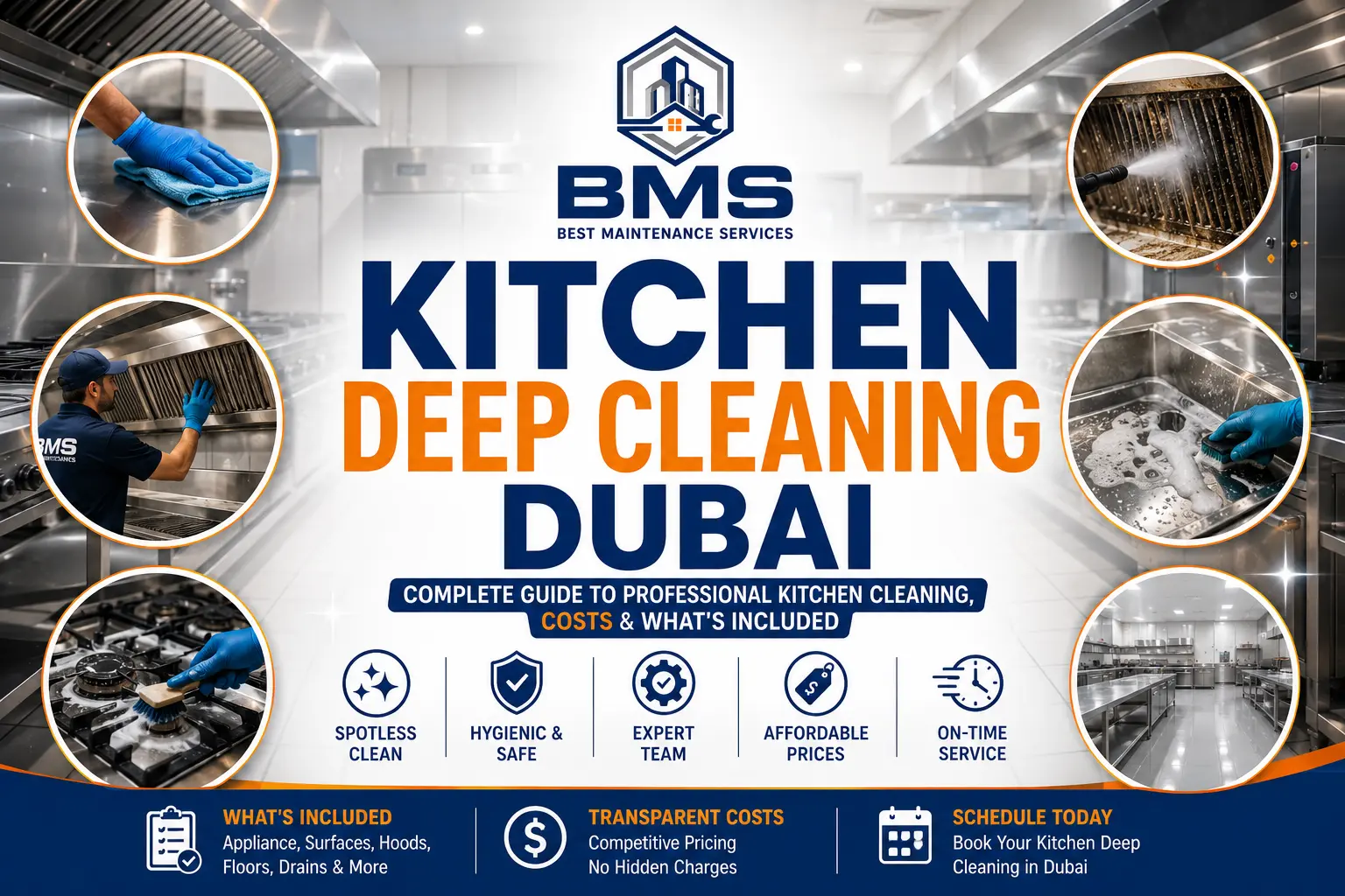 Professional kitchen deep cleaning in Dubai, showing a commercial kitchen cleaning team sanitizing stainless steel surfaces, hoods, appliances, floors, drains, and cooking equipment.