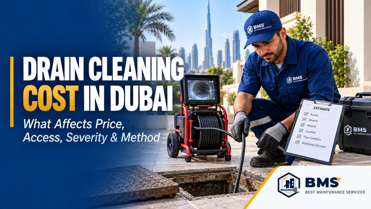 BMS technician assessing drain cleaning scope and cost in Dubai