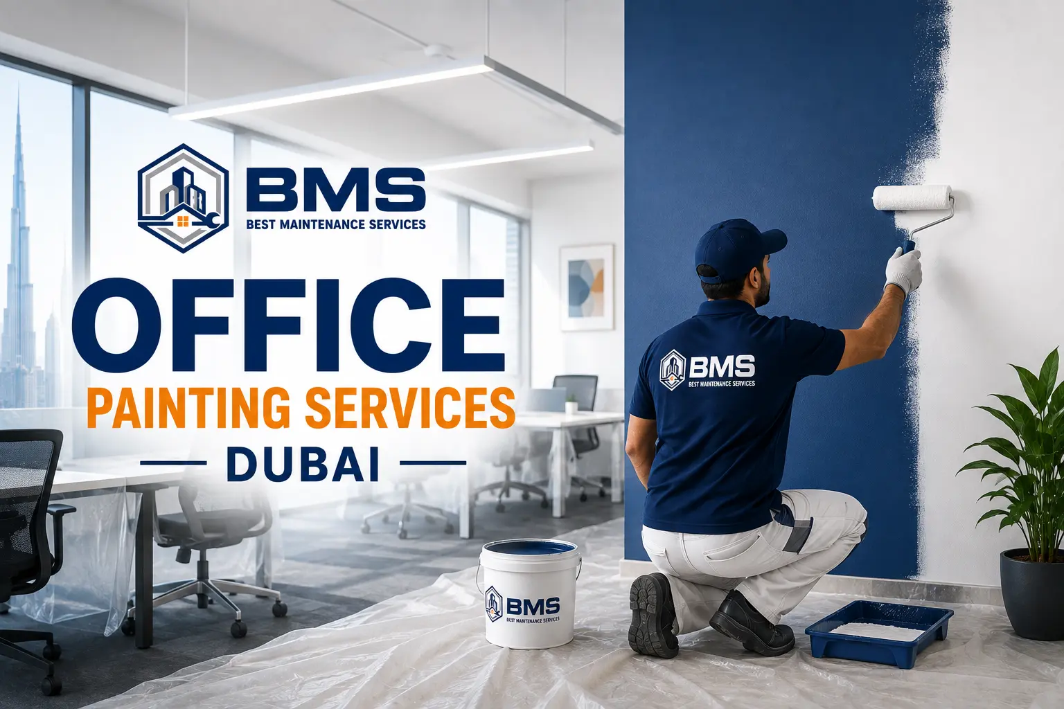 Professional painter in a BMS uniform applying premium paint to a modern office wall in Dubai, showcasing expert office painting services.