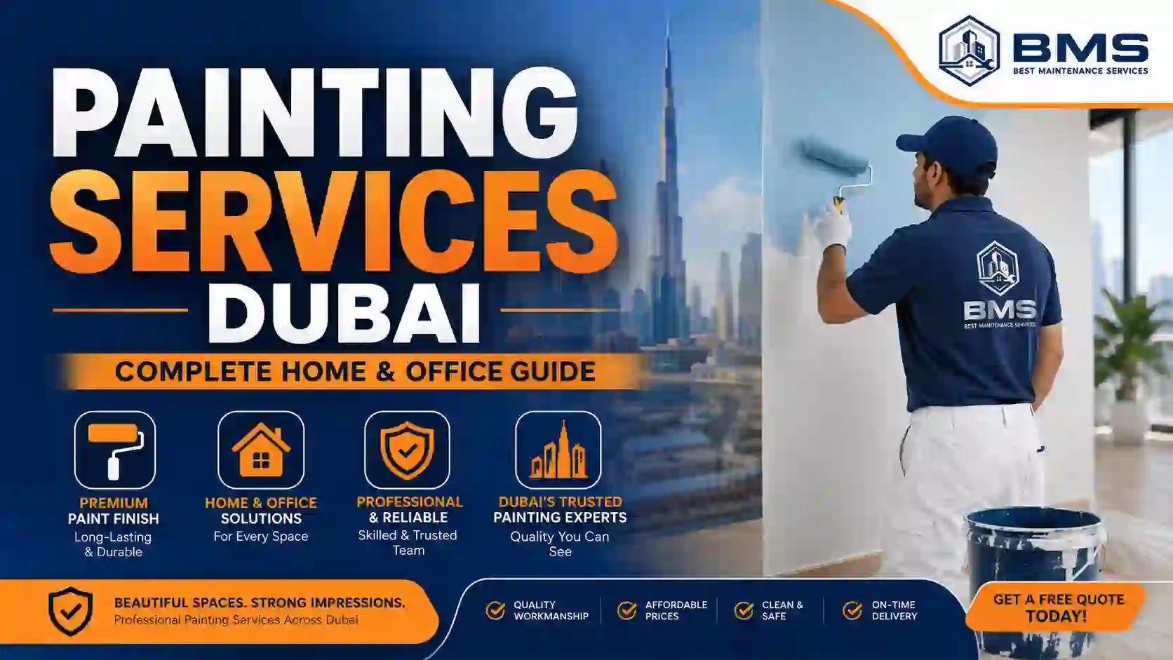 Painting Services Dubai | Complete Home & Office Guide | Best Maintenance Services Professional painting technician from Best Maintenance Services painting a modern home interior in Dubai, showcasing expert home and office painting services with premium finishes.