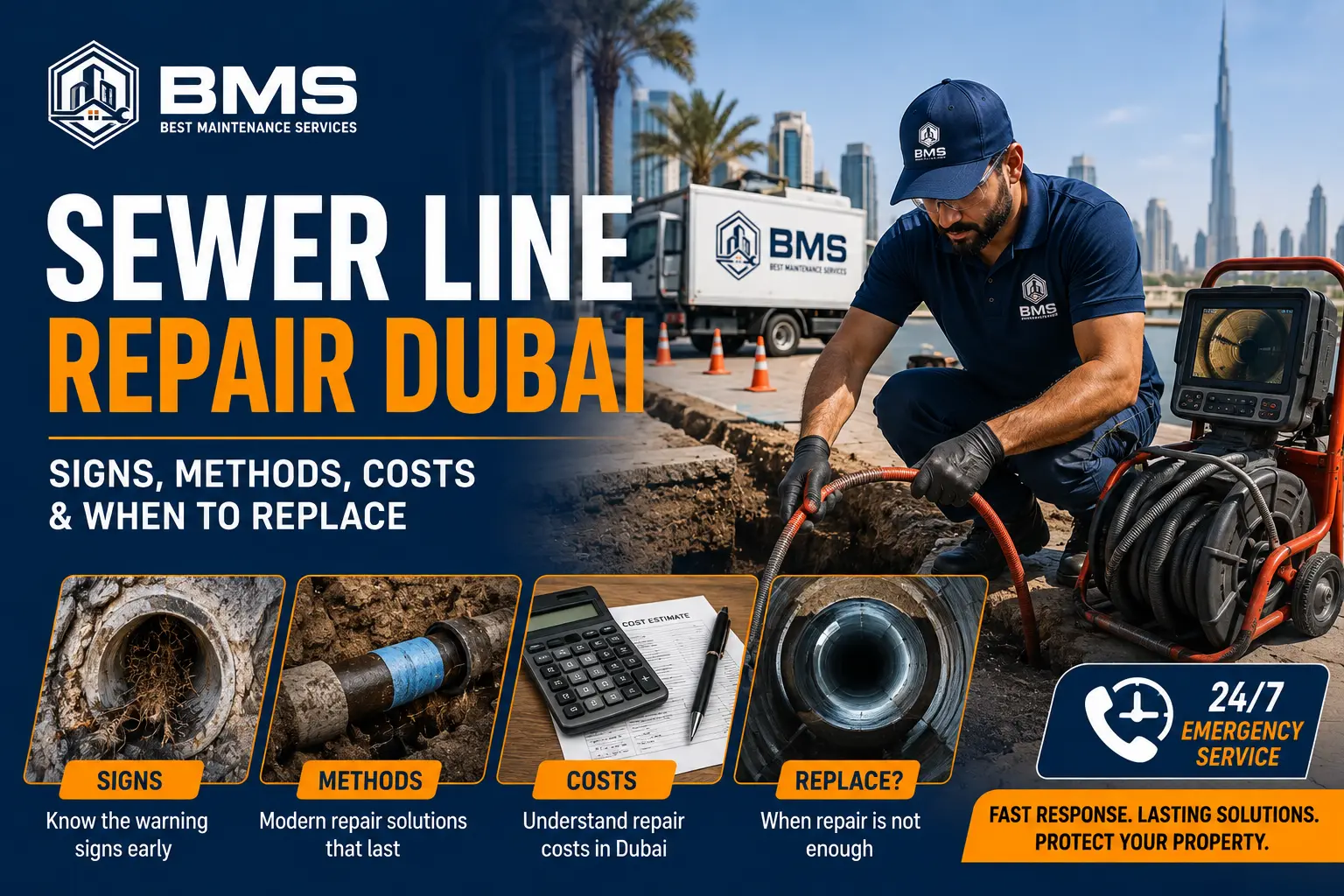 Sewer Line Repair Dubai: Signs, Methods, Costs & When to Replace Professional sewer line repair technician in Dubai inspecting and repairing damaged underground sewer pipes using specialized equipment.