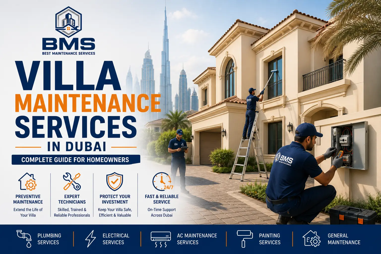 Professional villa maintenance services in Dubai showing BMS technicians performing electrical, exterior, and general property maintenance at a luxury villa.