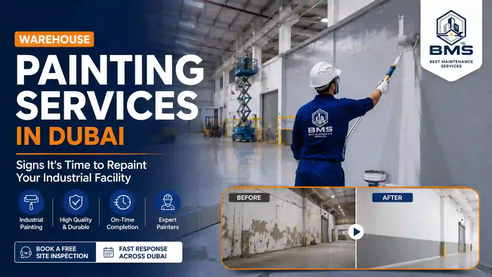 Warehouse Painting Services in Dubai | Industrial Facility Repainting | Best Maintenance Services Professional warehouse painting services in Dubai with a skilled technician repainting an industrial facility to improve durability, safety, and appearance.