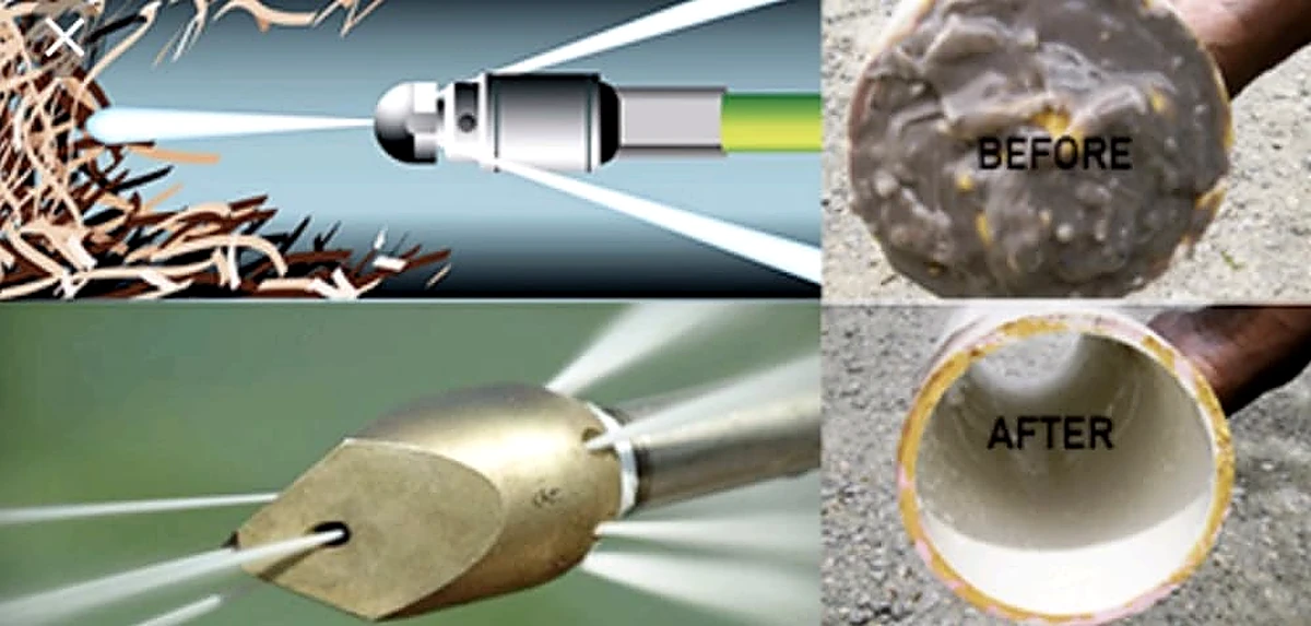 Hydro jetting nozzle and before after pipe cleaning reference for blocked drain service Hydro jetting nozzle and before after pipe cleaning reference for blocked drain service